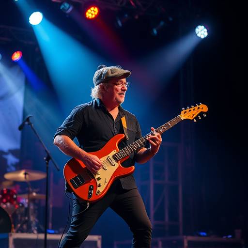 Action shot of a musician performing on stage at a concert