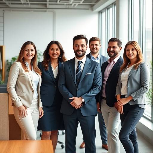 Group photo of a team of professionals in a corporate office.